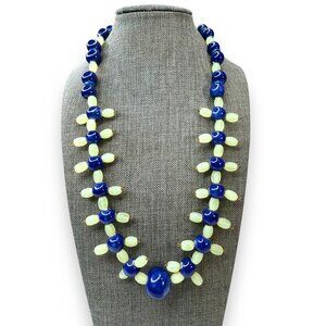 Vintage Green Uranium Glowing Glass Blue Ceramic Bead Necklace 21.5” Hook Clasp